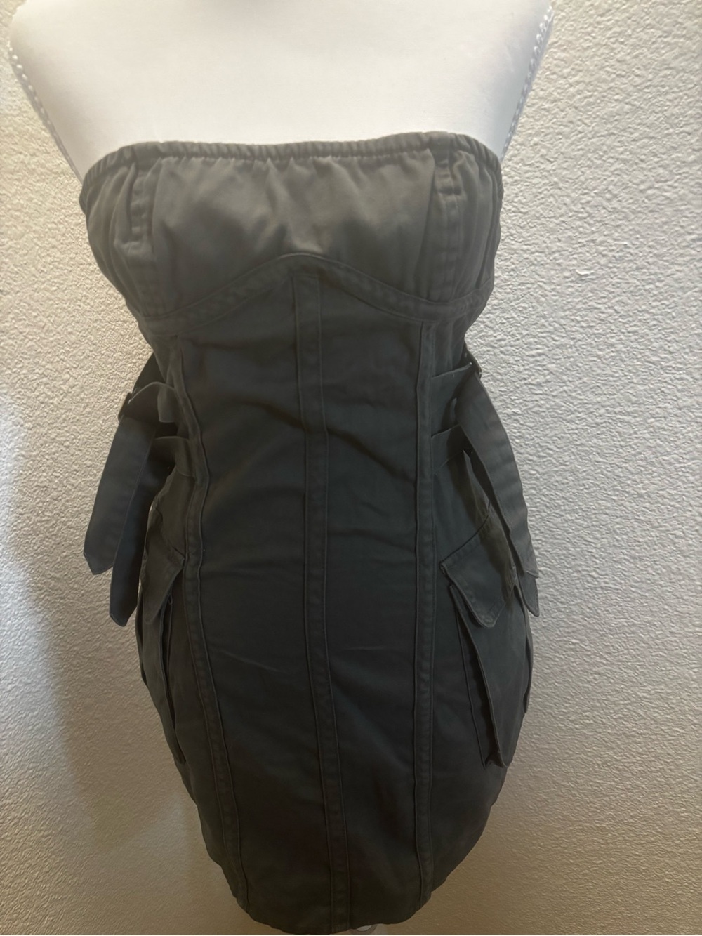 Forever 21 Strapless Cargo Pocket Mini Dress in Olive